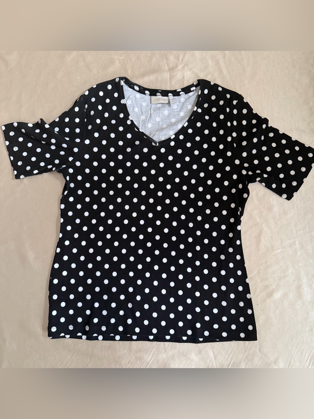 Chico's Women's Black/White Polka Dot V-Neck Cotton Tee Shirt Chicos 1 Size M